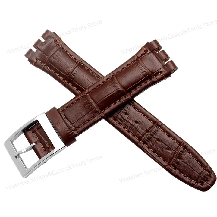Genuine Leather Watchband for Swatch 17mm 19mm Strap Cowhide Bamboo Waterproof Metal Clasp Men Women Business Watch Accessories