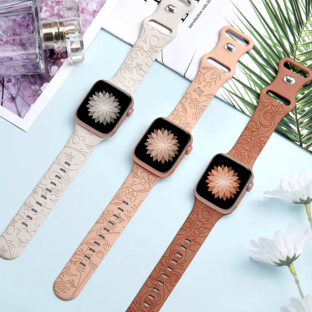 Straps For Apple Watch Band 44mm 42mm 41mm 40mm 45mm 49mm 46mm Floral Engraved bracelet correa iwatch series 10 9 7 SE 6 8 Ultra