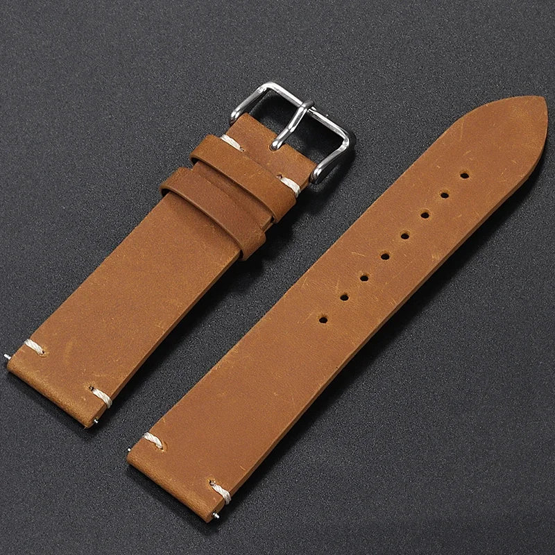Stitching Cowhide Leather Watch Strap – 18–24mm, Vintage Brown, Butterfly Buckle