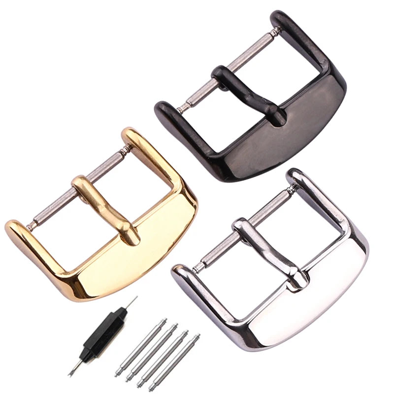 Solid Stainless Steel Watch Band Clasp 16–24mm Silver/Gold/Black