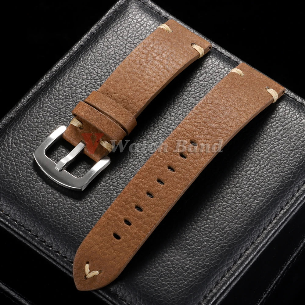 Genuine Cowhide Leather Watch Strap – 18/20/22mm, Vintage, Metal Buckle