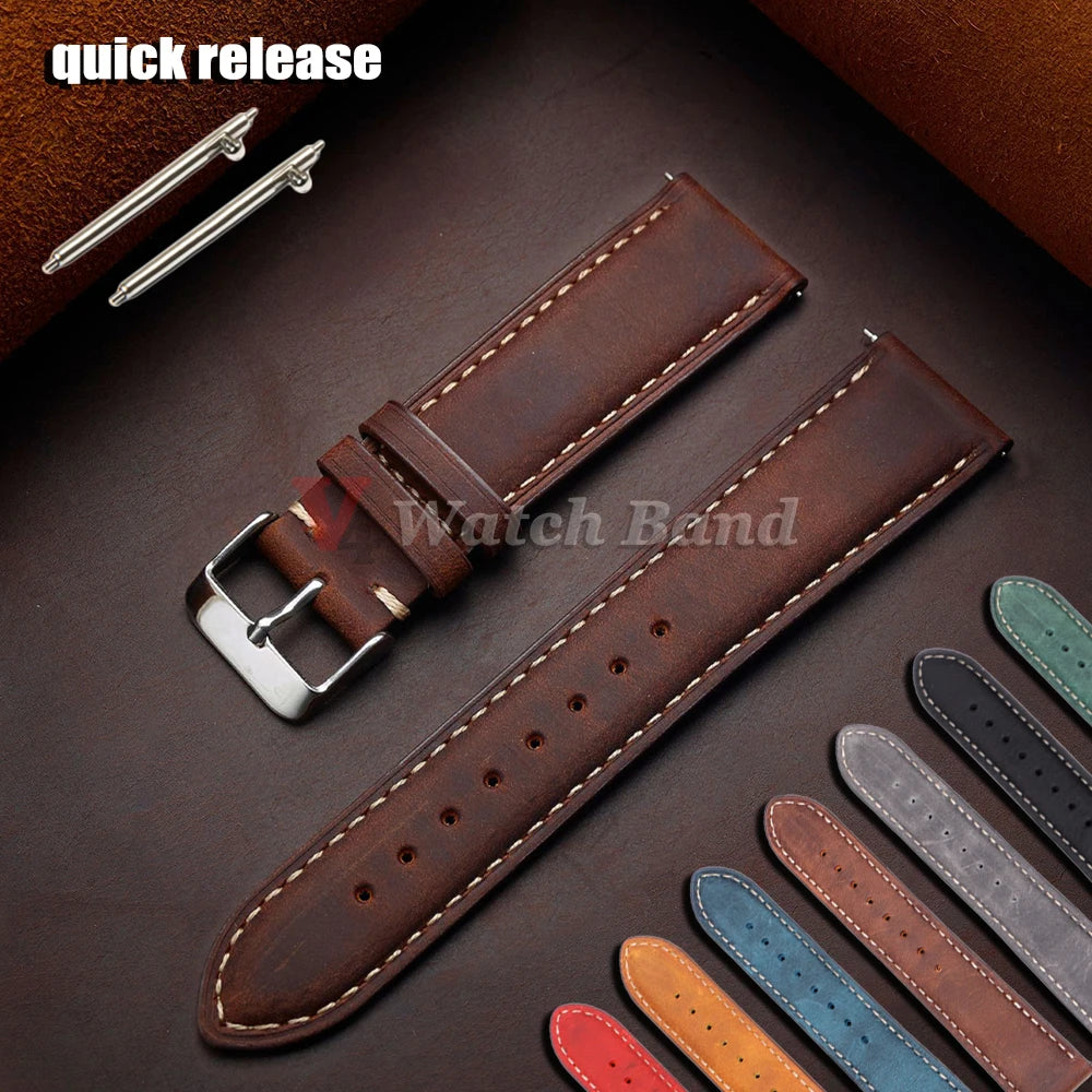 Vintage Dark Brown Cowhide Leather Watch Strap (14–24mm, Quick Release)