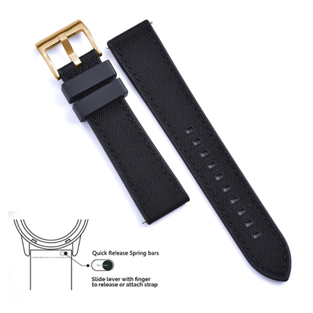 New Design Hybrid FKM Watch Strap 20mm 22mm Fluoro Rubber Canvas Nylon Watchbands Quick Release For Each Brand Diving Watches