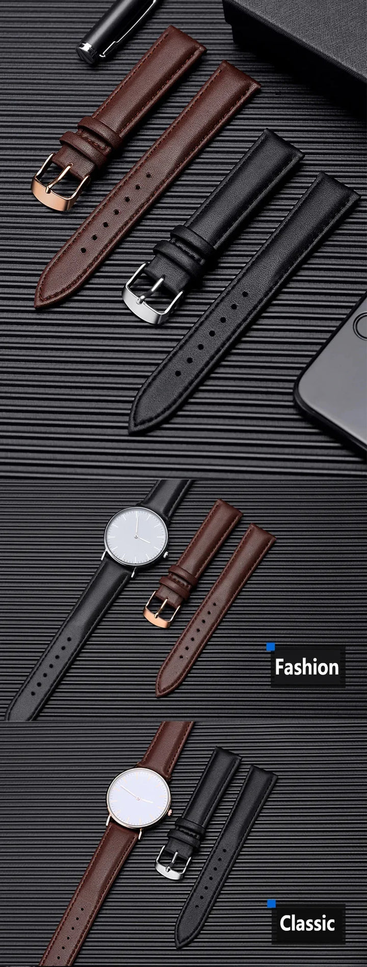 Genuine Leather Watch Strap – Smooth Finish 12–22mm