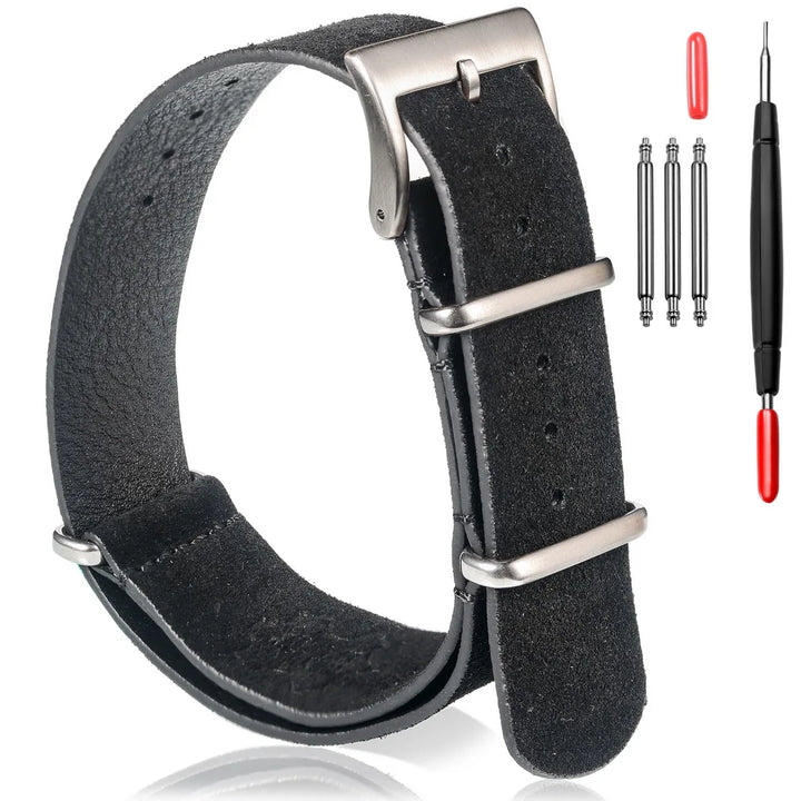 HEMSUT Genuine Suede Leather One-Piece Watch Strap 18-22mm Vintage Military Style