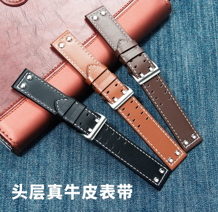 Double Row Hole Leather Watch Strap 20/22mm for Hamilton & Seiko