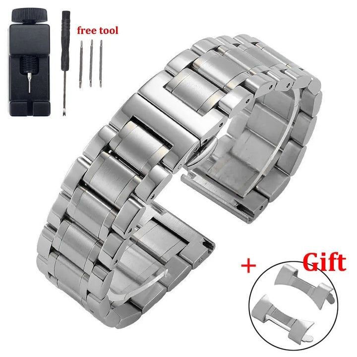 Curved End Universal Strap 12/13/14/15/16/17/18/19/20/21/22/23/24mm Solid Stainless Steel Watch Bands for Tissot Butterfly Clasp