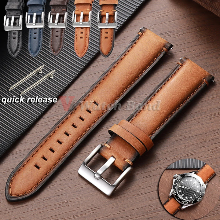 Cowhide Leather Watch Band 20–24mm for Fossil & Samsung (Brown, Quick Release)