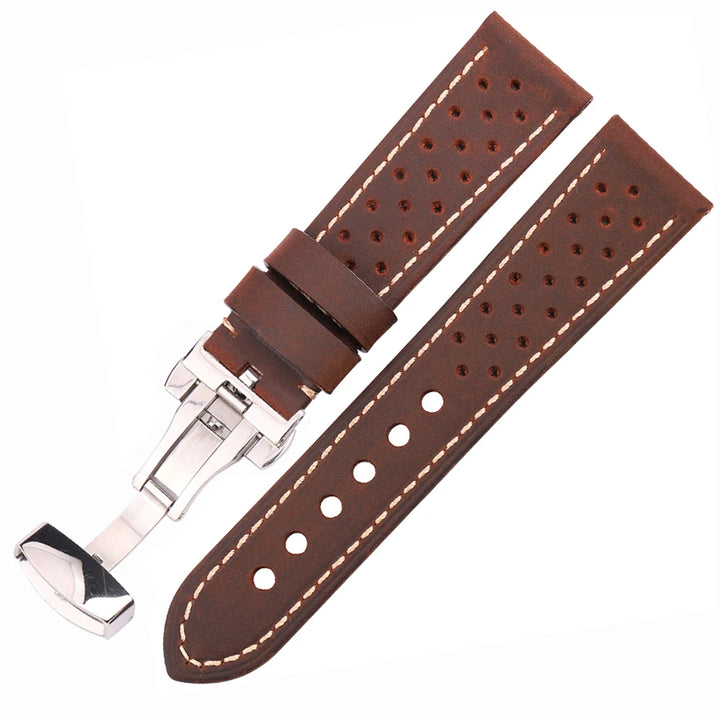 Breathable Genuine Leather Watchband with Deployment Clasp  20mm 22mm 24mm Comfortable Soft Watch Strap