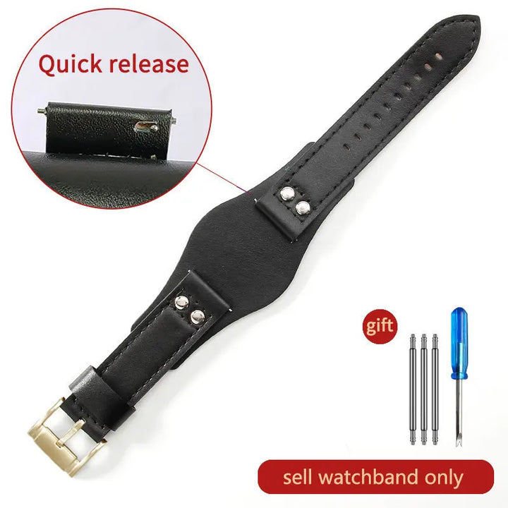 Genuine Leather Watch Strap for Fossil 22mm – Black & Brown, Rivet Style