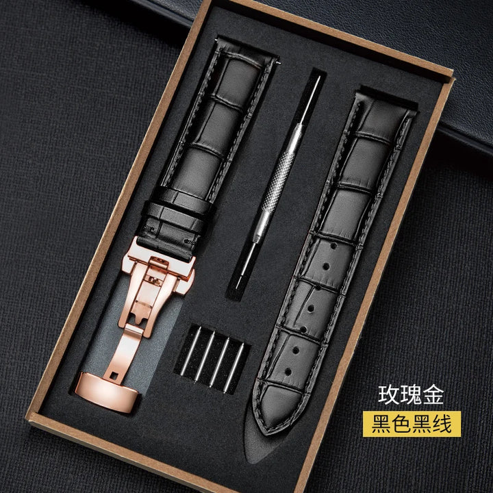 Genuine Leather Watch Band 18–24mm with Wooden Box & Butterfly Clasp
