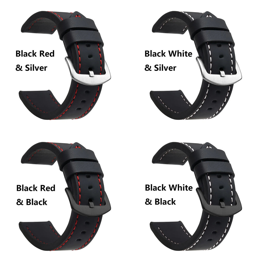 Fashion Vintage Leather Watch Strap – 18–24mm, Stainless Steel Buckle
