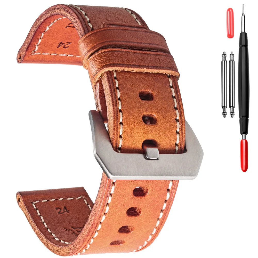 HEMSUT Genuine Leather Watch Strap – Retro Handmade Cowhide (20-26mm)