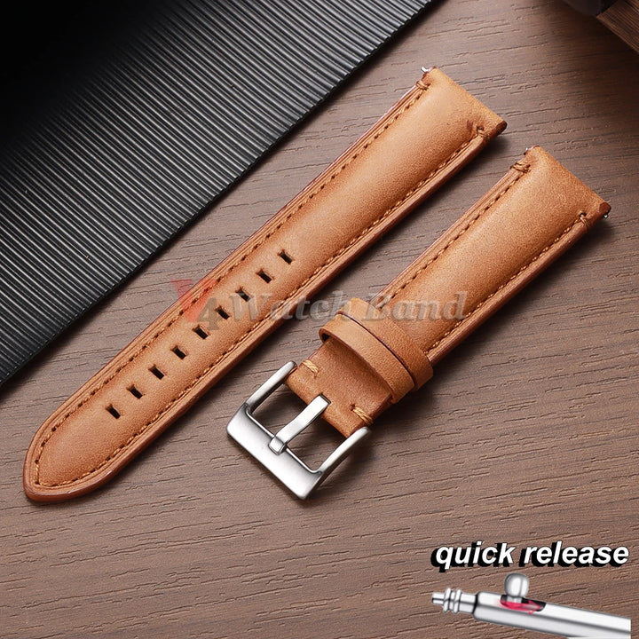 Cowhide Leather Watch Band 20–24mm for Fossil & Samsung (Brown, Quick Release)