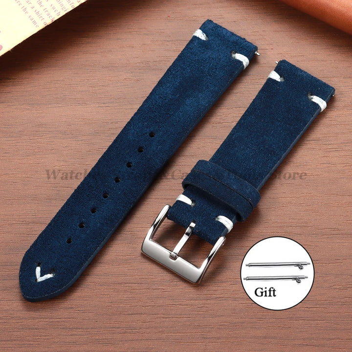 Suede Leather Vintage Watch Strap – 18/20/22mm, Blue Quick-Release