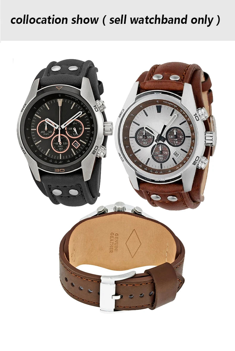 Genuine Leather Watch Strap for Fossil 22mm – Black & Brown, Rivet Style