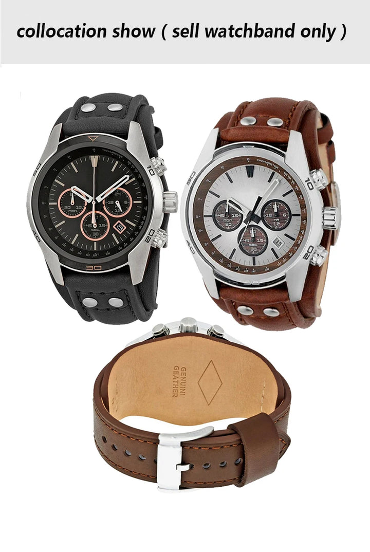 Genuine Leather Watch Strap for Fossil 22mm – Black & Brown, Rivet Style