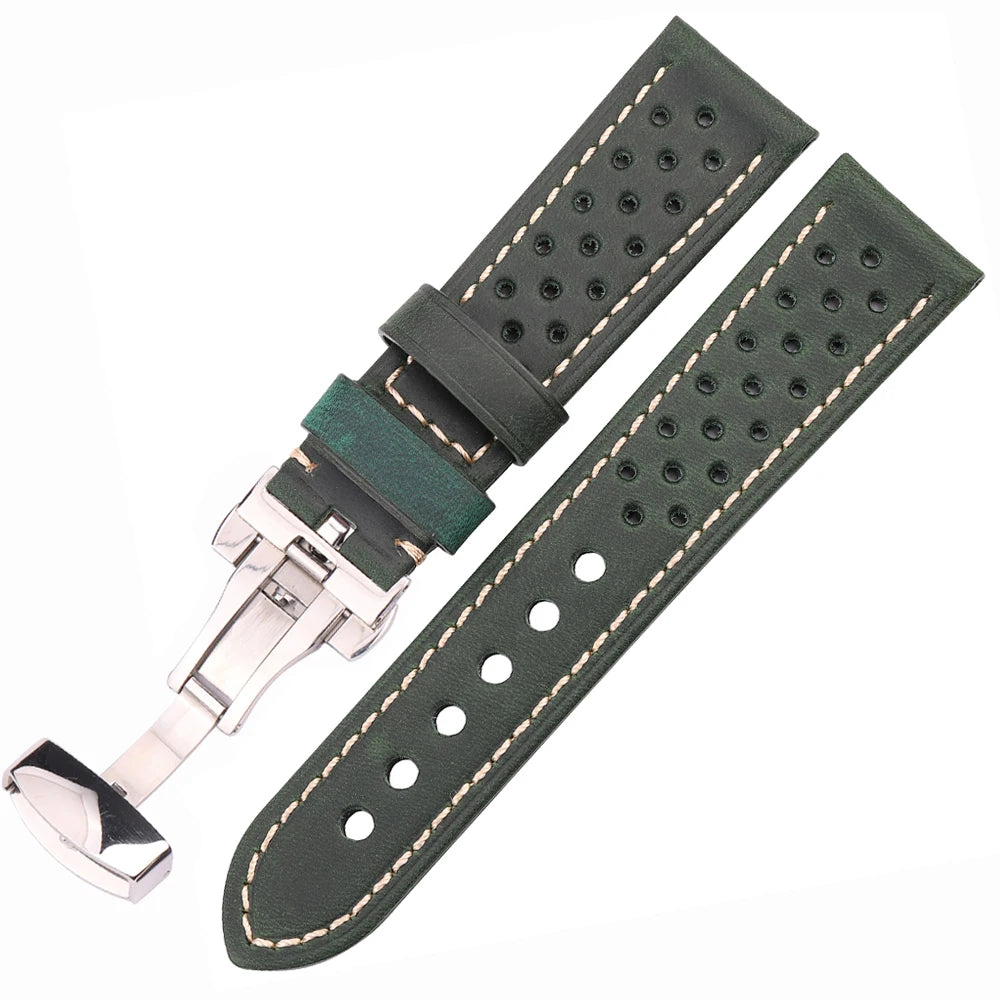 Breathable Genuine Leather Watchband with Deployment Clasp  20mm 22mm 24mm Comfortable Soft Watch Strap