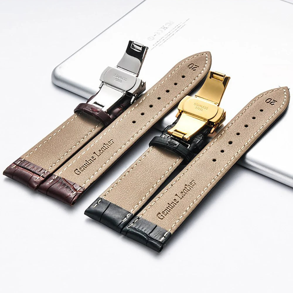Genuine Leather Watch Band 18–24mm with Wooden Box & Butterfly Clasp