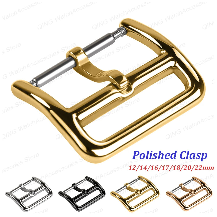Stainless Steel Metal Watch Buckle 12–22mm (Polished, Silver/Black/Rose Gold)