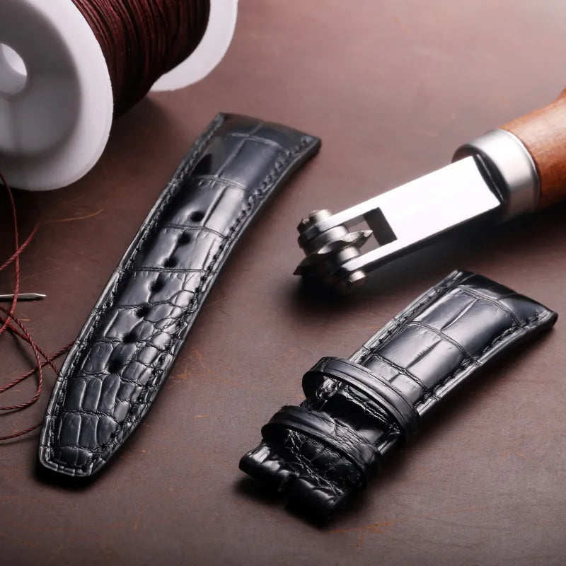 Crocodile Leather Watchbands For IWC Portugues Pilot Black Alligator Grain Handmade Straps 20mm 21mm 22mm