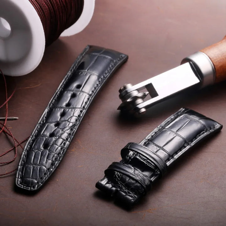 Crocodile Leather Watchbands For IWC Portugues Pilot Black Alligator Grain Handmade Straps 20mm 21mm 22mm