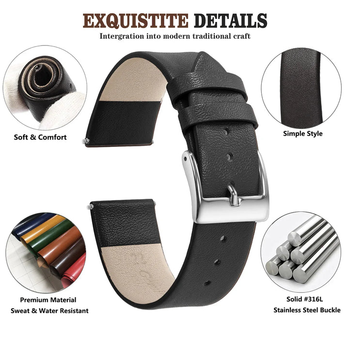 Genuine Leather Minimalist Thin Elegant Apple Watch Band 12–22mm (Soft Wrist Bracelet)