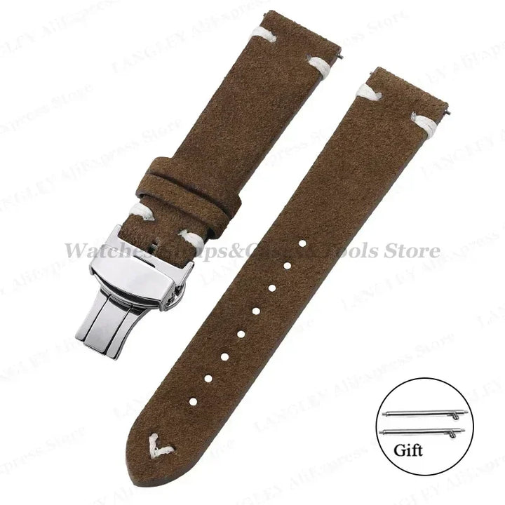 Suede Leather Watch Strap – 18/20/22mm, Universal with Butterfly Buckle