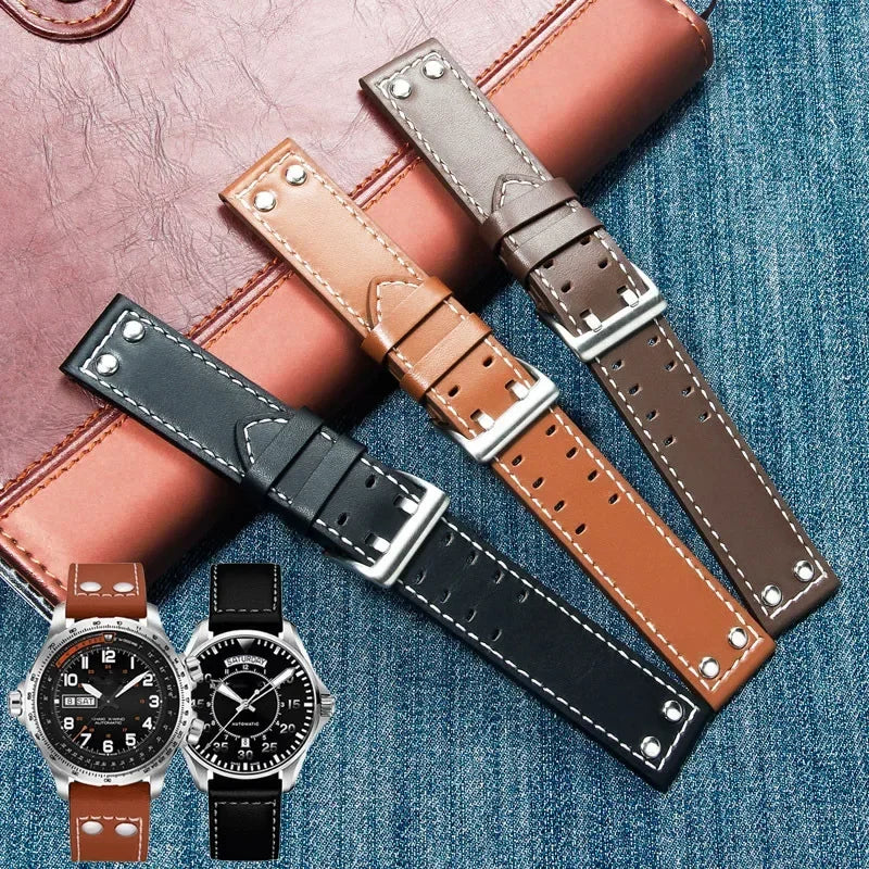 Double Row Hole Leather Watch Strap 20/22mm for Hamilton & Seiko