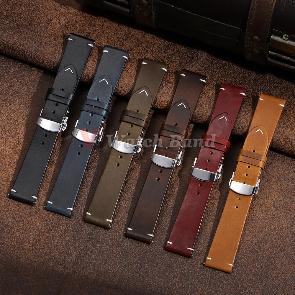 Handmade Retro Oil Wax Genuine Calfskin Strap 18mm 19mm 20mm 21mm 22mm 24mm Quick Release Belt Men Women Watch Band Accessories