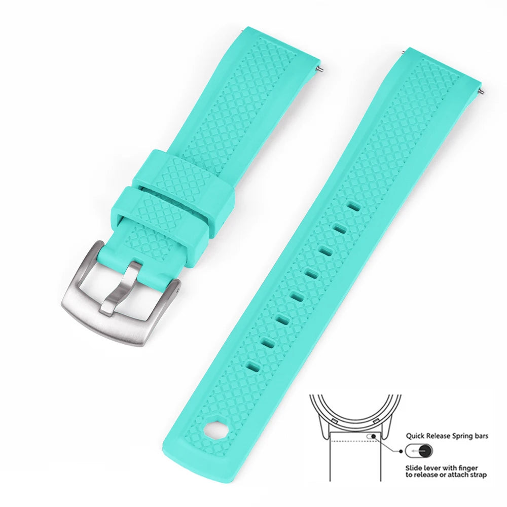 Quality Vulcanized FKM Rubber Watch Strap 20mm 22mm Black Blue Wristband Slide Keeper Ring With Quick Release Sport Watchband