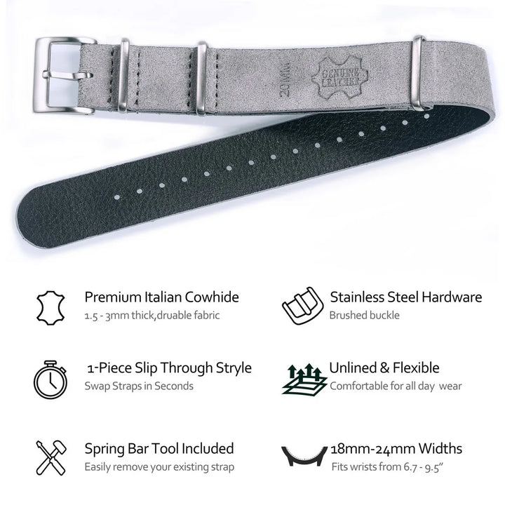 HEMSUT Genuine Leather Suede Watch Strap – 18–22mm Military Style