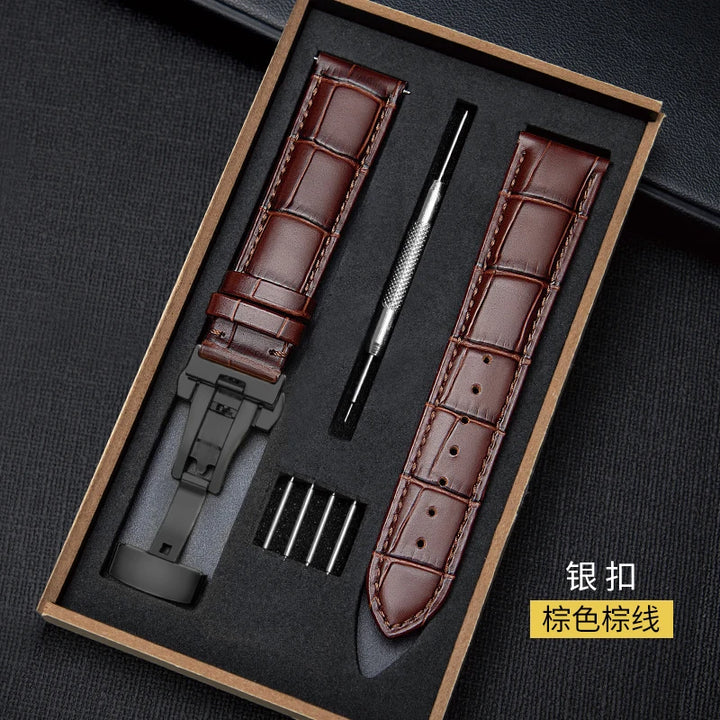Genuine Leather Watch Band 18–24mm with Wooden Box & Butterfly Clasp