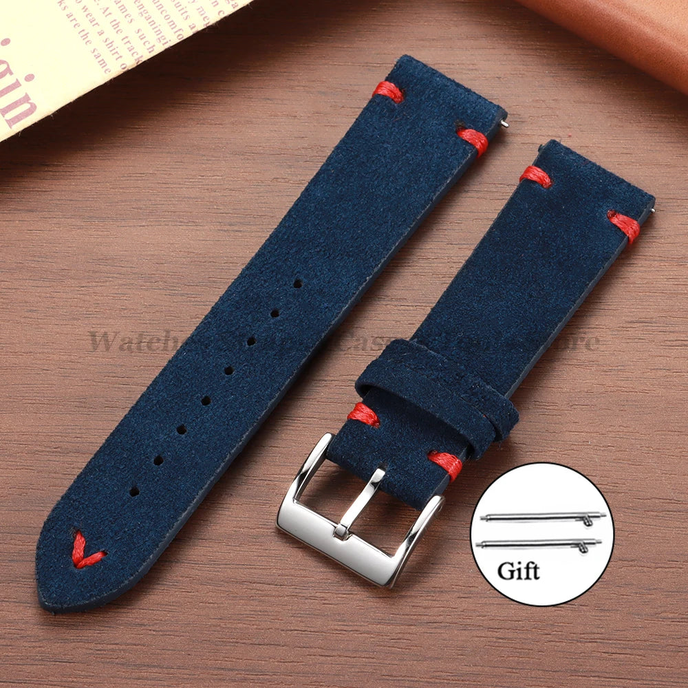 Suede Leather Vintage Watch Strap – 18/20/22mm, Blue Quick-Release
