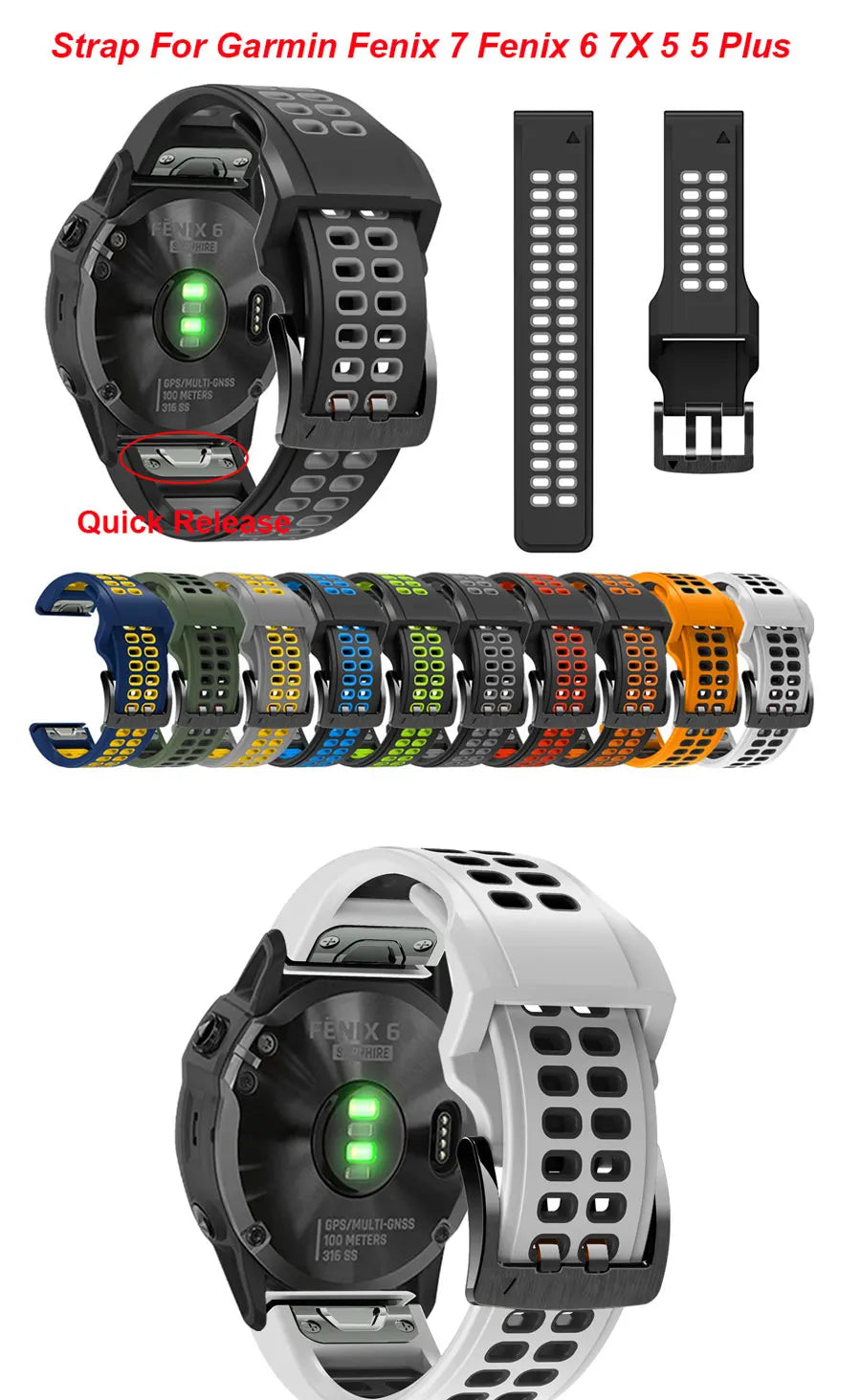 Quick-Release Silicone Strap for Garmin Fenix & Forerunner (22-26mm)