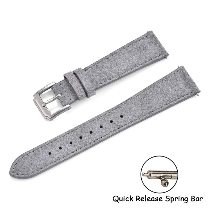 Soft Suede Leather Watch Strap – Quick Release, 18–22mm, Grey Vintage