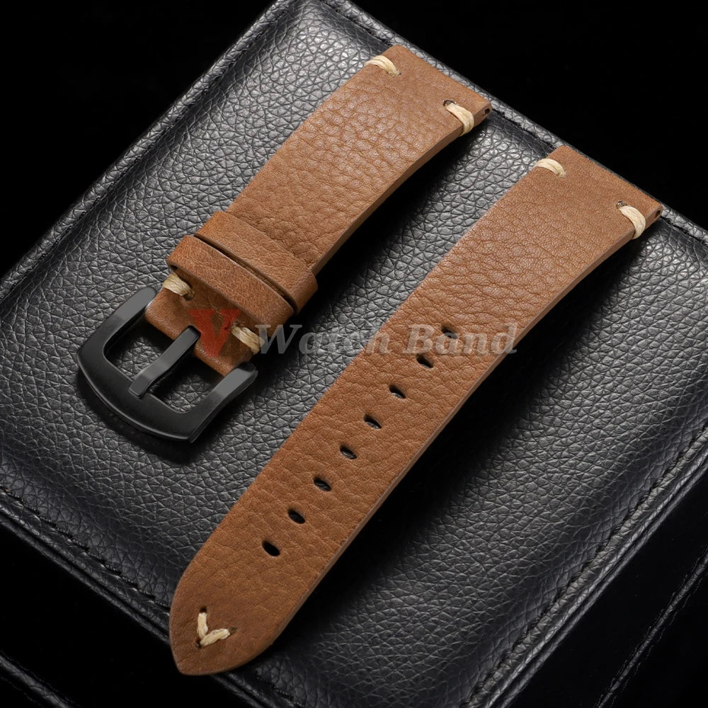 Genuine Cowhide Leather Watch Strap – 18/20/22mm, Vintage, Metal Buckle