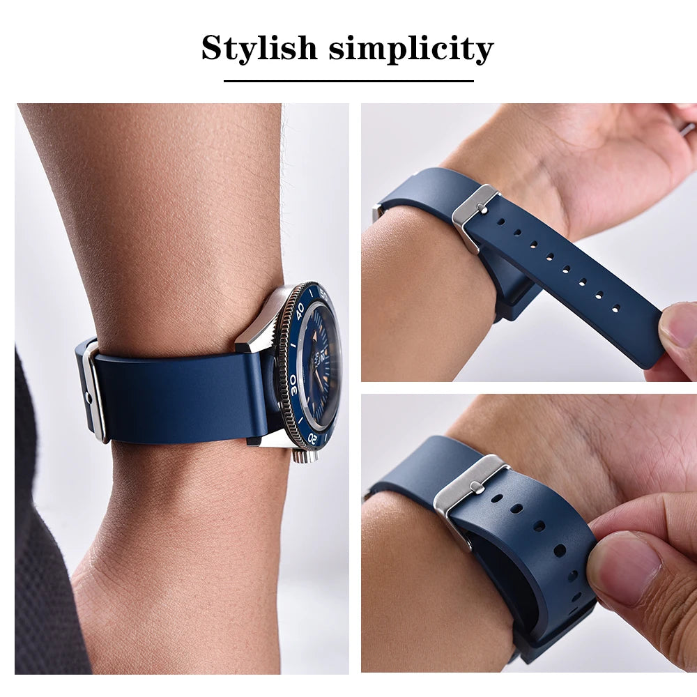 Premium Grade Flat Smooth FKM Rubber Watch Strap 16mm 18mm 20mm 22mm 24mm Soft Quick Release Rubber Watch Bands