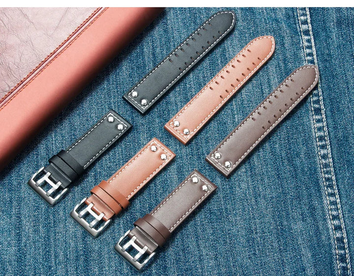 Double Row Hole Leather Watch Strap 20/22mm for Hamilton & Seiko