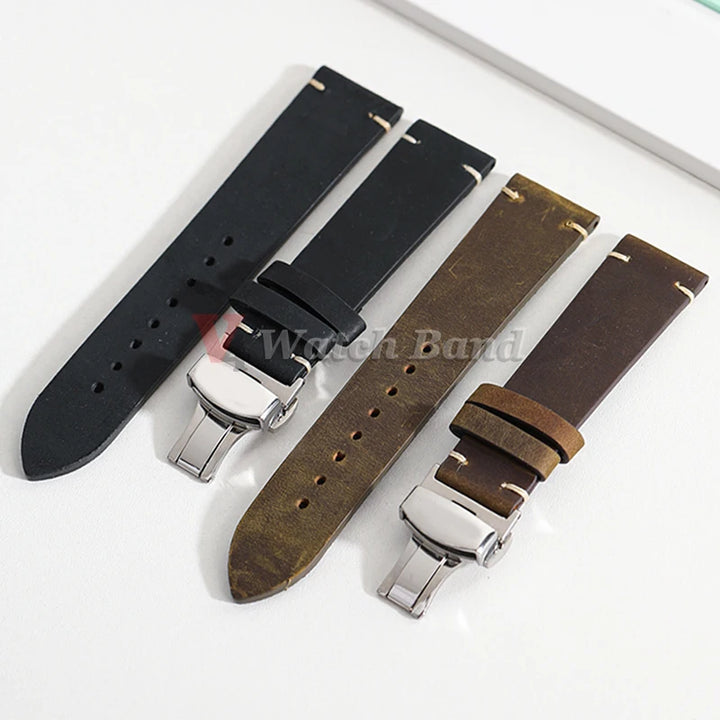Stitched Cowhide Leather Watch Strap Brown (Butterfly Buckle, 18–24mm)