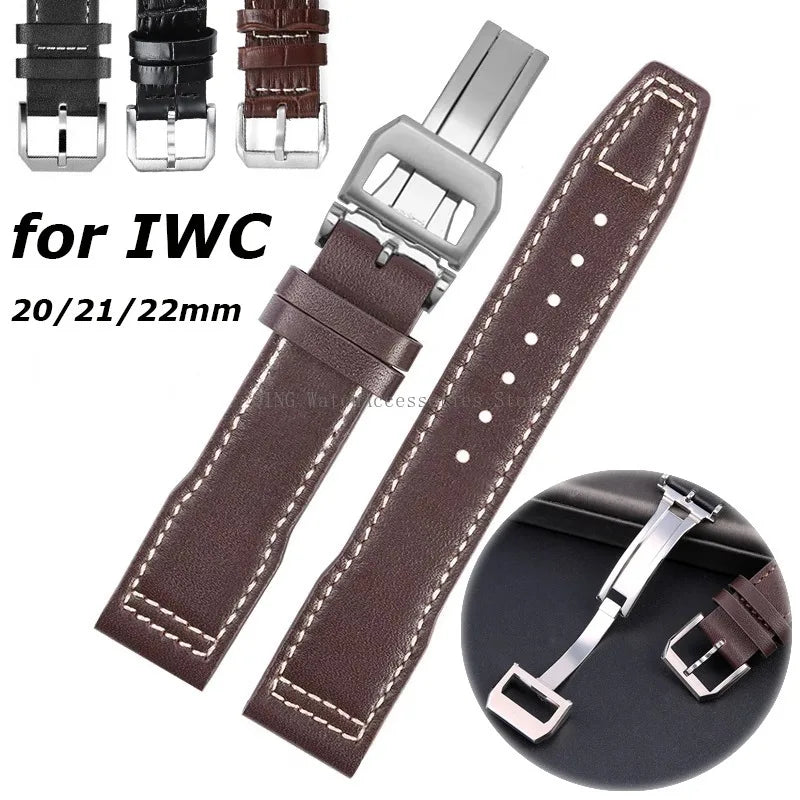 Genuine Cowhide Leather Strap for IWC Pilot – 20/21/22mm, Folding Buckle