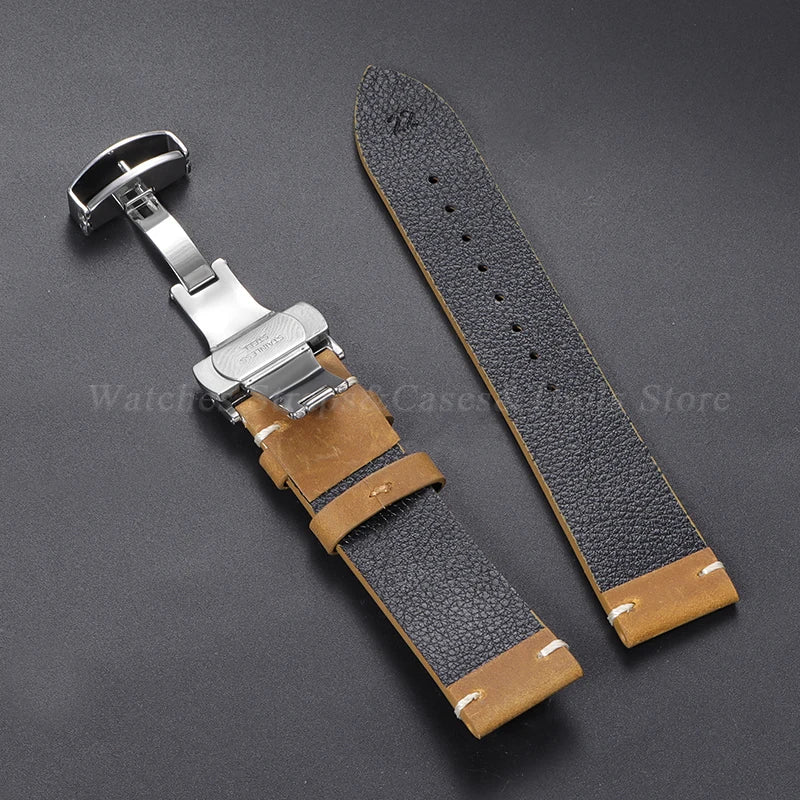 Stitching Cowhide Leather Watch Strap – 18–24mm, Vintage Brown, Butterfly Buckle