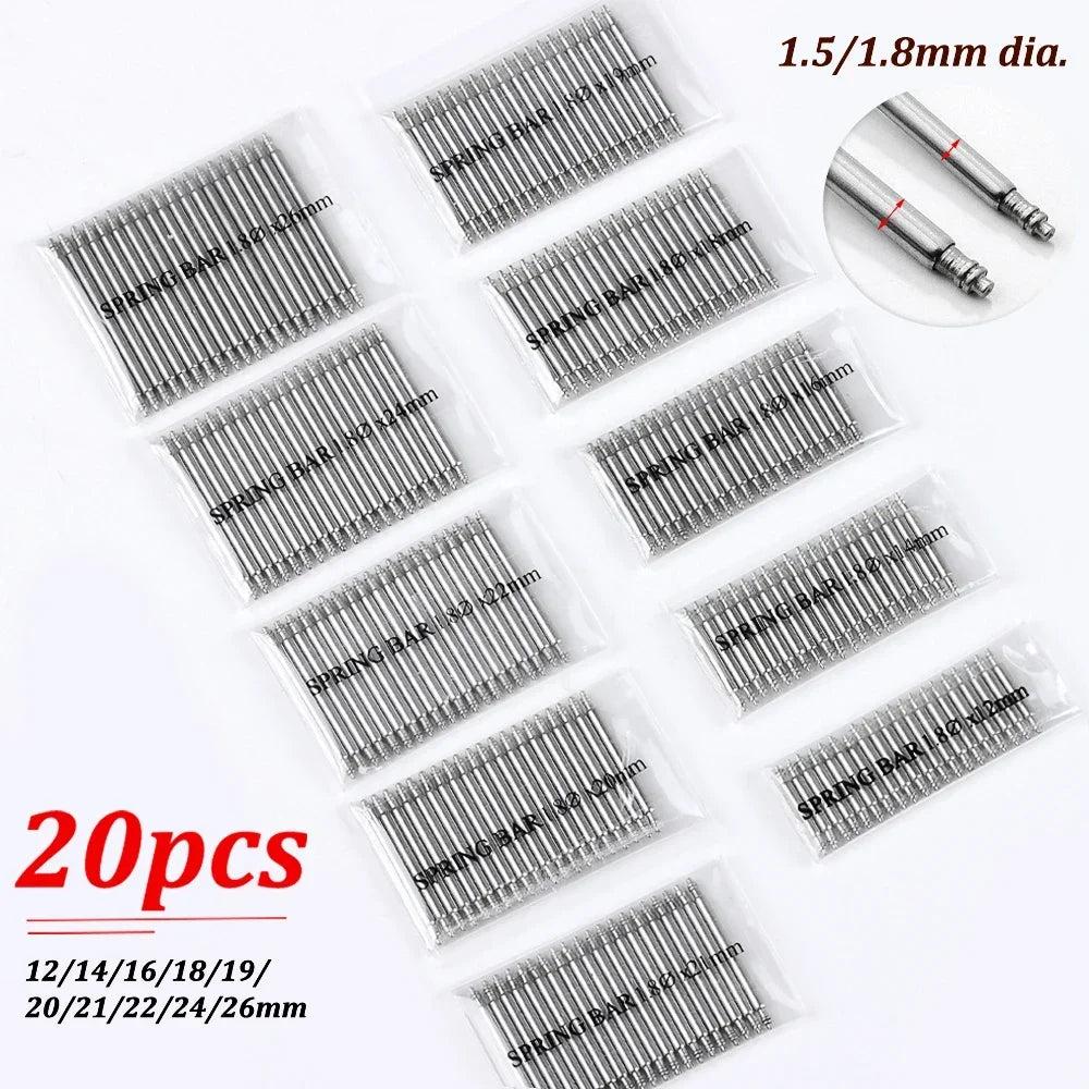 20pcs Stainless Steel Watch Spring Bars – 12-26mm Replacement Pins