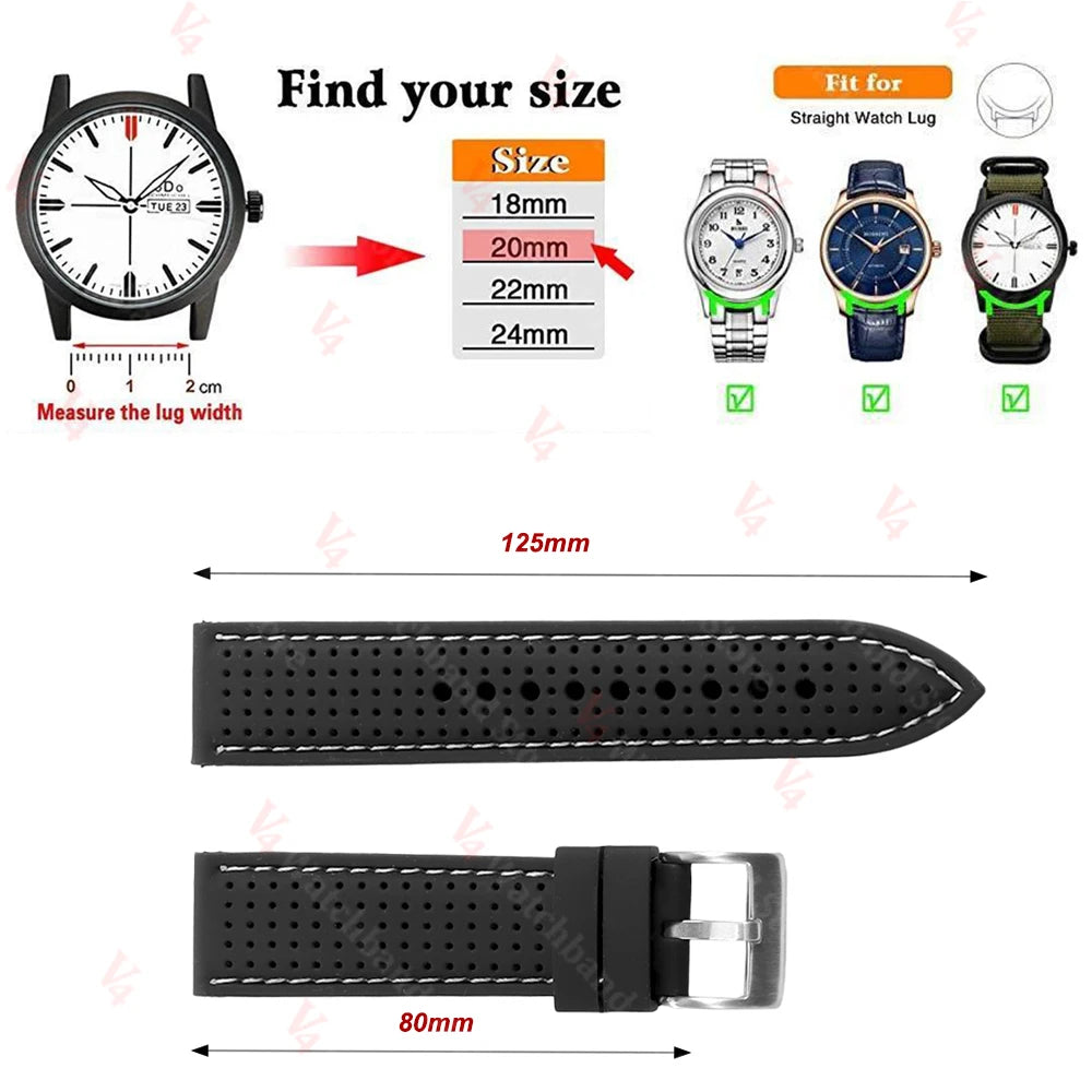 Premium Silicone Watch Band Waterproof Soft Rubber Strap 20mm 22mm 24mm Breathable Watch Strap Replacement for Universal Watch