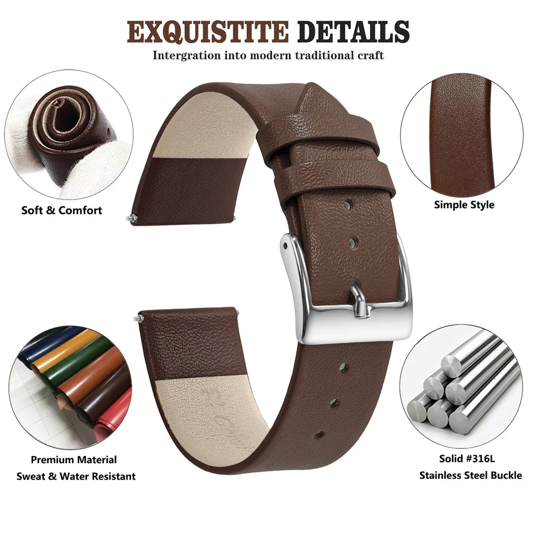 Genuine Leather Minimalist Thin Elegant Apple Watch Band 12–22mm (Soft Wrist Bracelet)