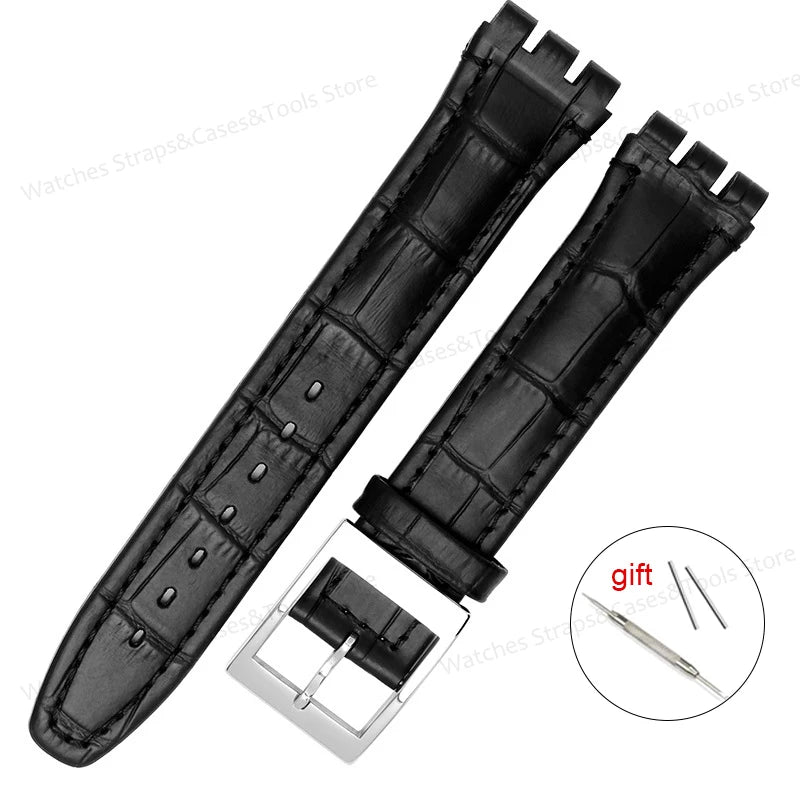 Genuine Leather Watchband for Swatch 17mm 19mm Strap Cowhide Bamboo Waterproof Metal Clasp Men Women Business Watch Accessories