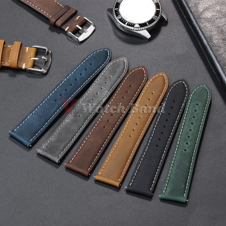 Vintage Dark Brown Cowhide Leather Watch Strap (14–24mm, Quick Release)