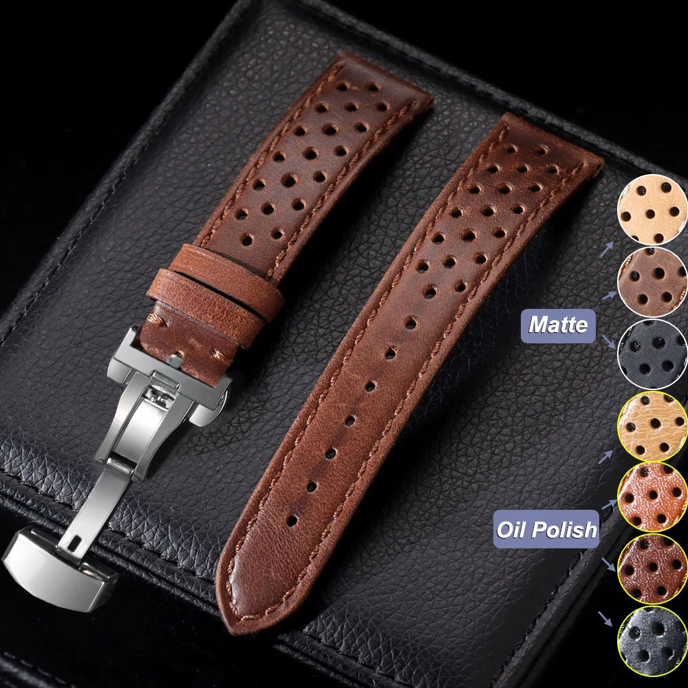 Genuine Cowhide Leather Watch Strap – 18/20/22mm, Vintage, Butterfly Buckle