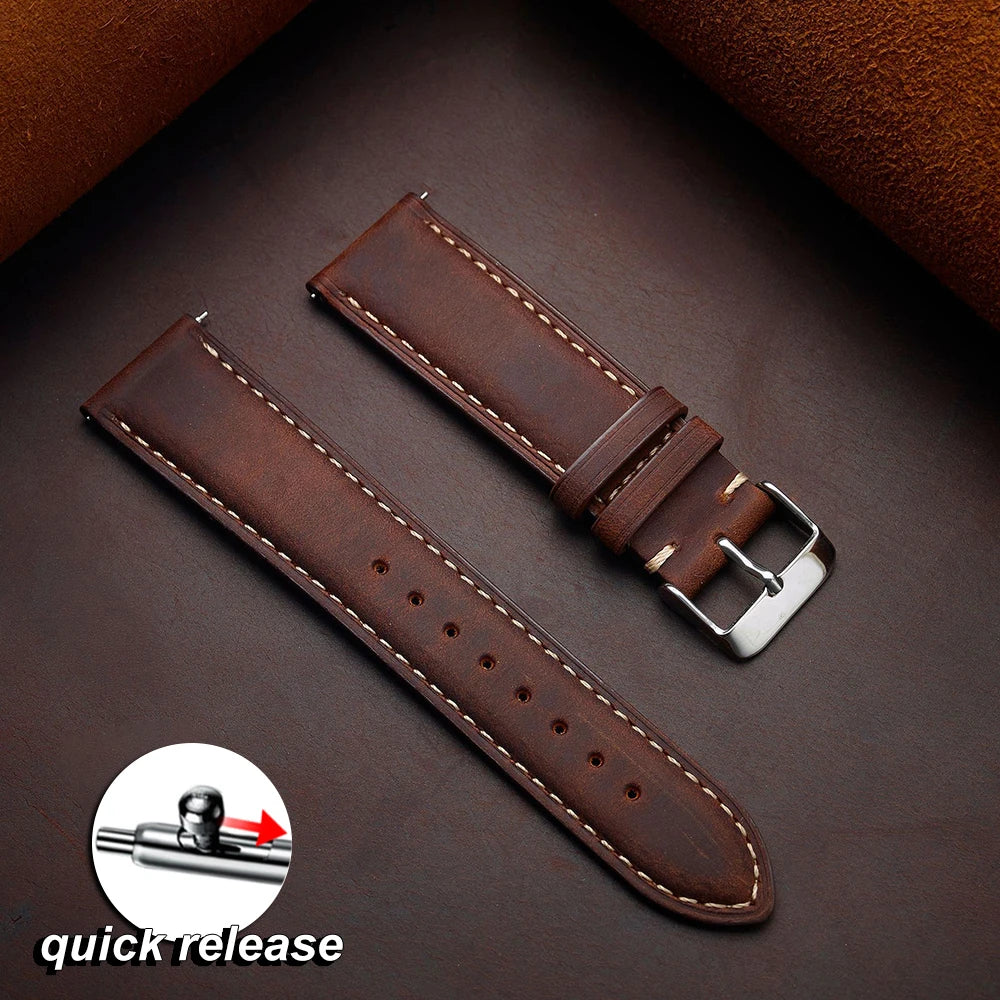 Vintage Dark Brown Cowhide Leather Watch Strap (14–24mm, Quick Release)