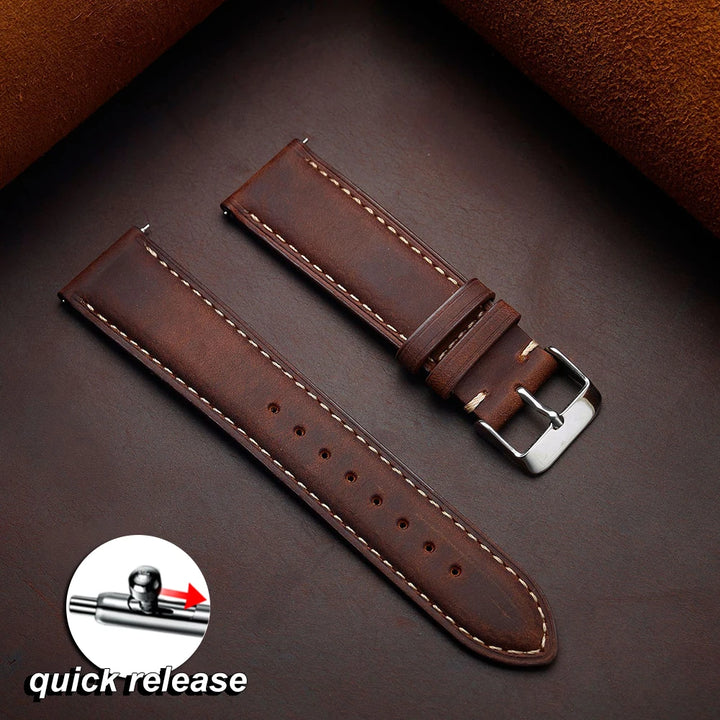 Vintage Dark Brown Cowhide Leather Watch Strap (14–24mm, Quick Release)
